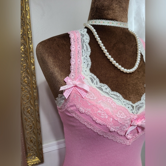 ♡ Y2K ♡ Hollister Baby Pink Lace Cami Satin Bow Coquette Tank Top - Picture 10 of 11
